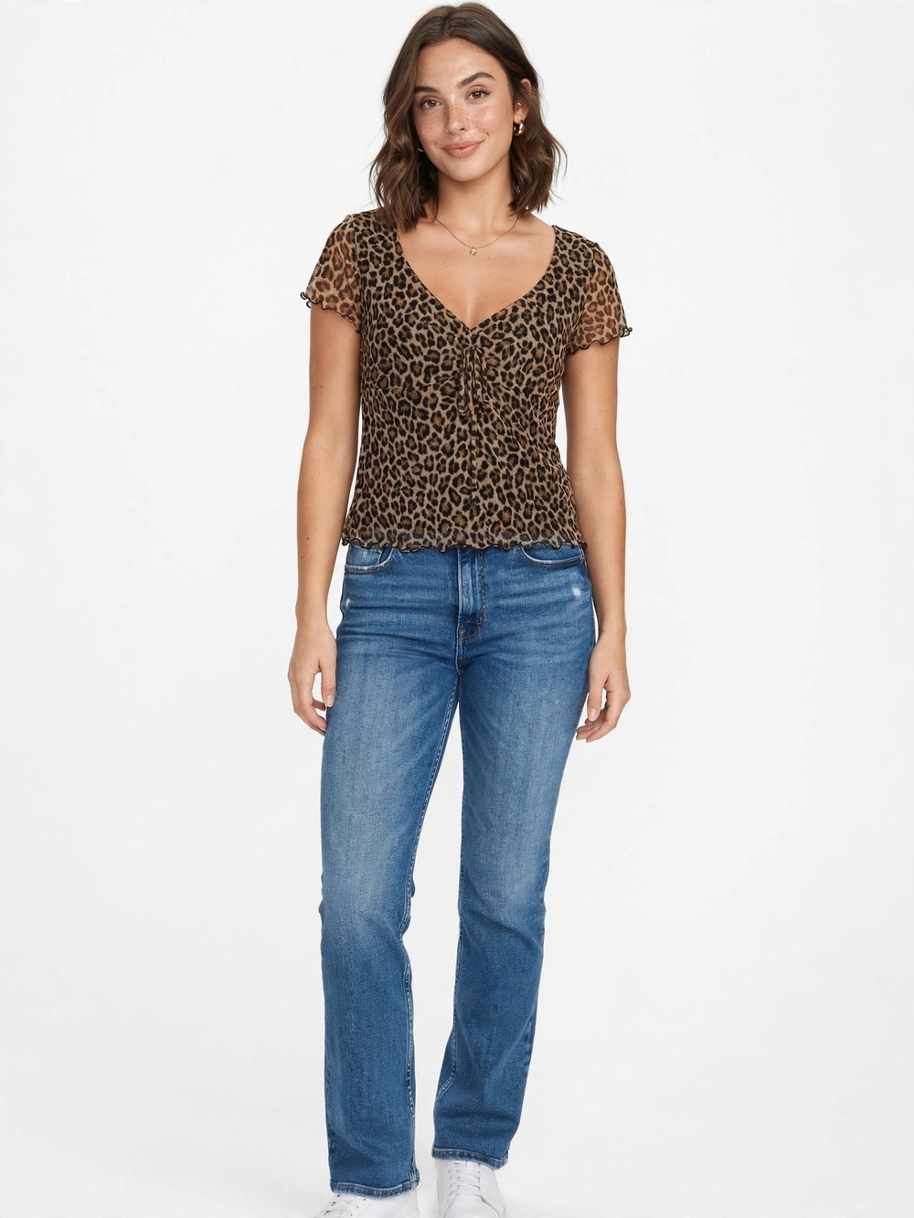 SEE YOU MONDAY Leopard Mesh Ruched Top